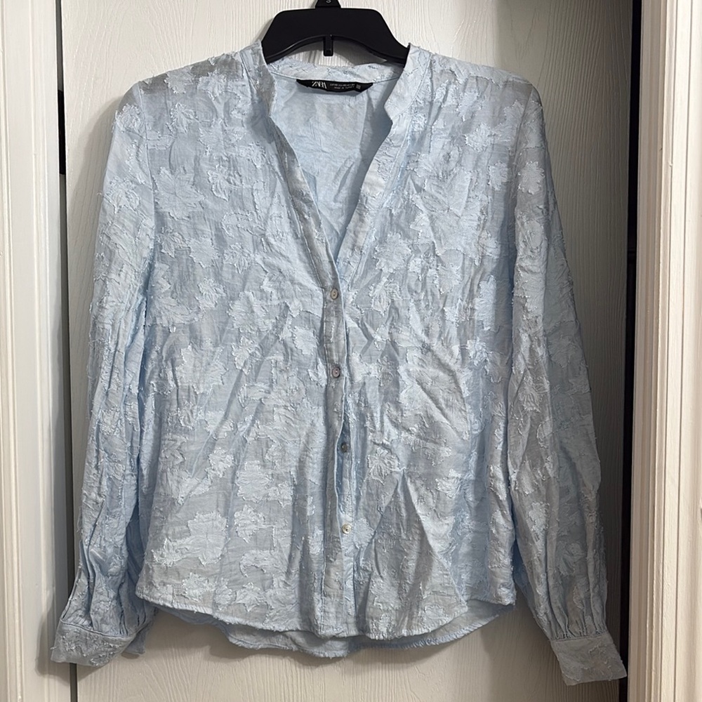 Zara Light Blue Textured Blouse - Picture 1 of 5